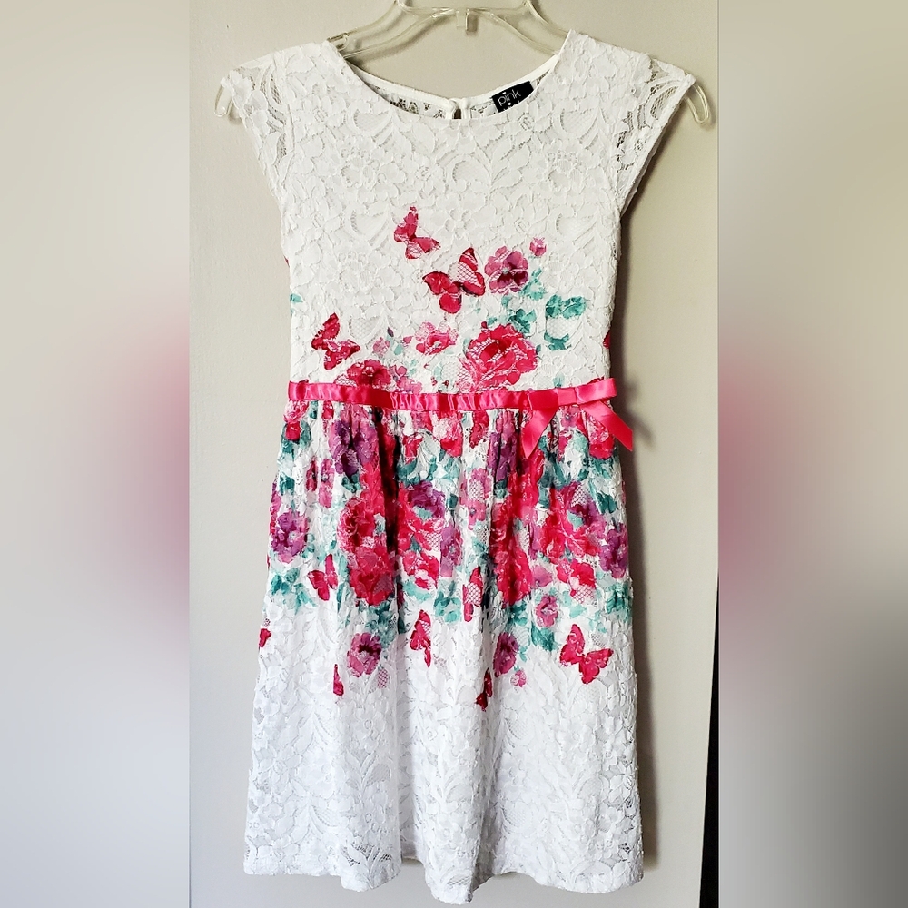 Pink & Violet White Lace Girls Dress XL‎ (14/16) Pink Floral with Butterflies